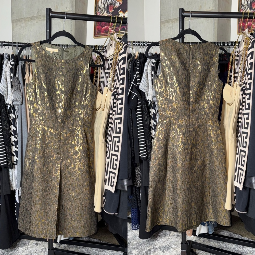 Michael Kors Collection Olive Gold Metallic Camo Jacquard Dress Womens 2 EUC